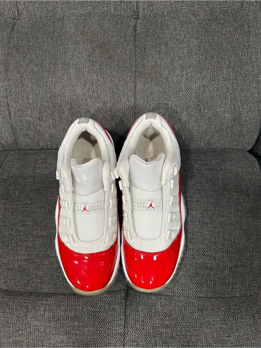 Jordan Kids' White and Red Patent Toe Low-Top Sneakers Boys Size 5